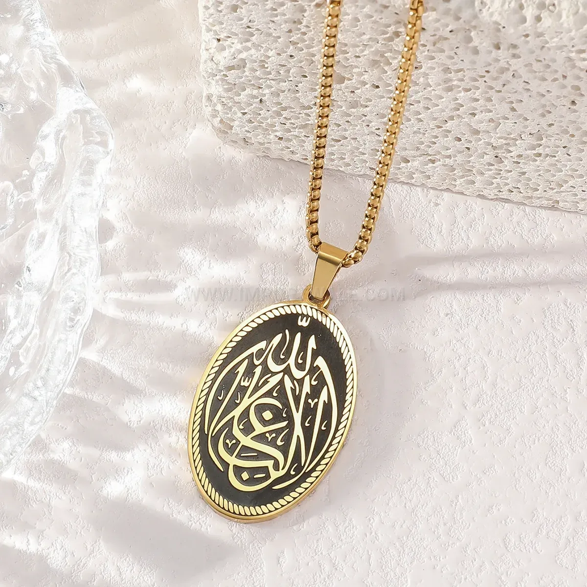 Premium Oval Calligraphy Stainless Steel Charm Pendant Link Chain Necklace