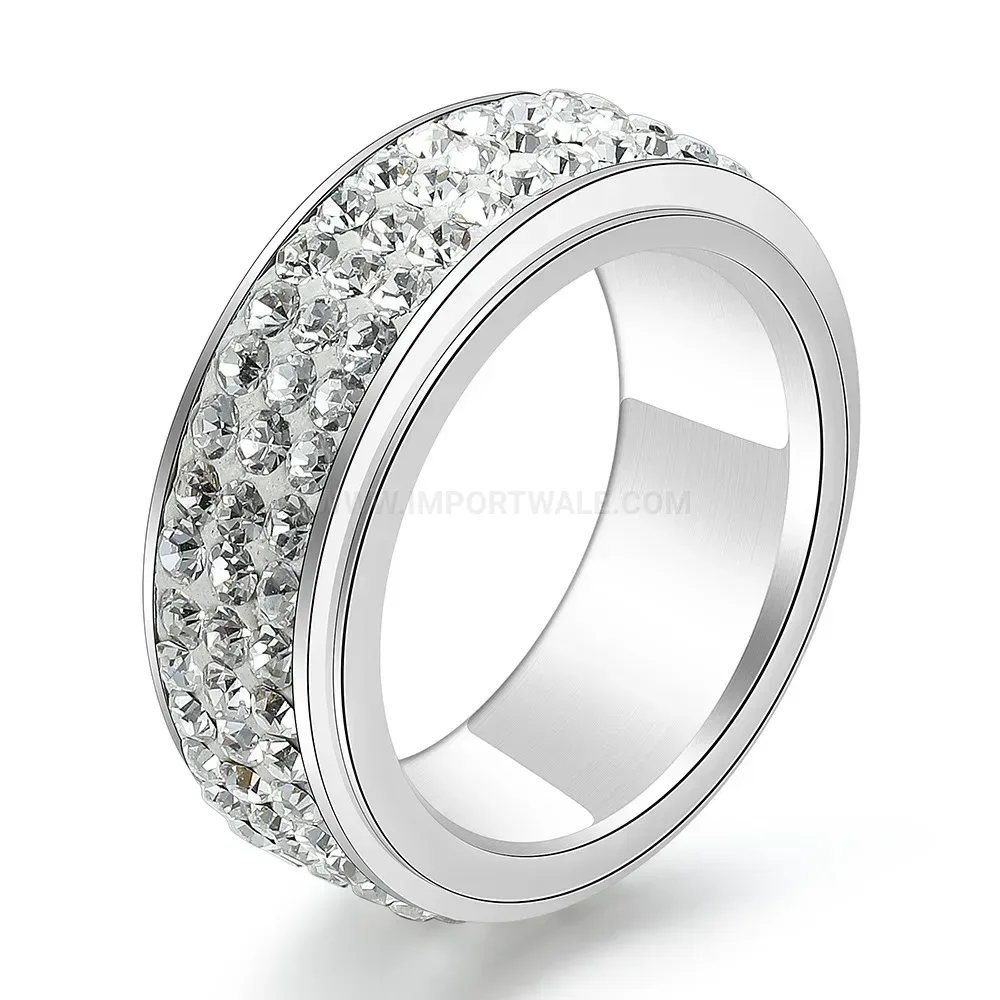 Triple Row Rhinestone Stainless Steel Band Ring