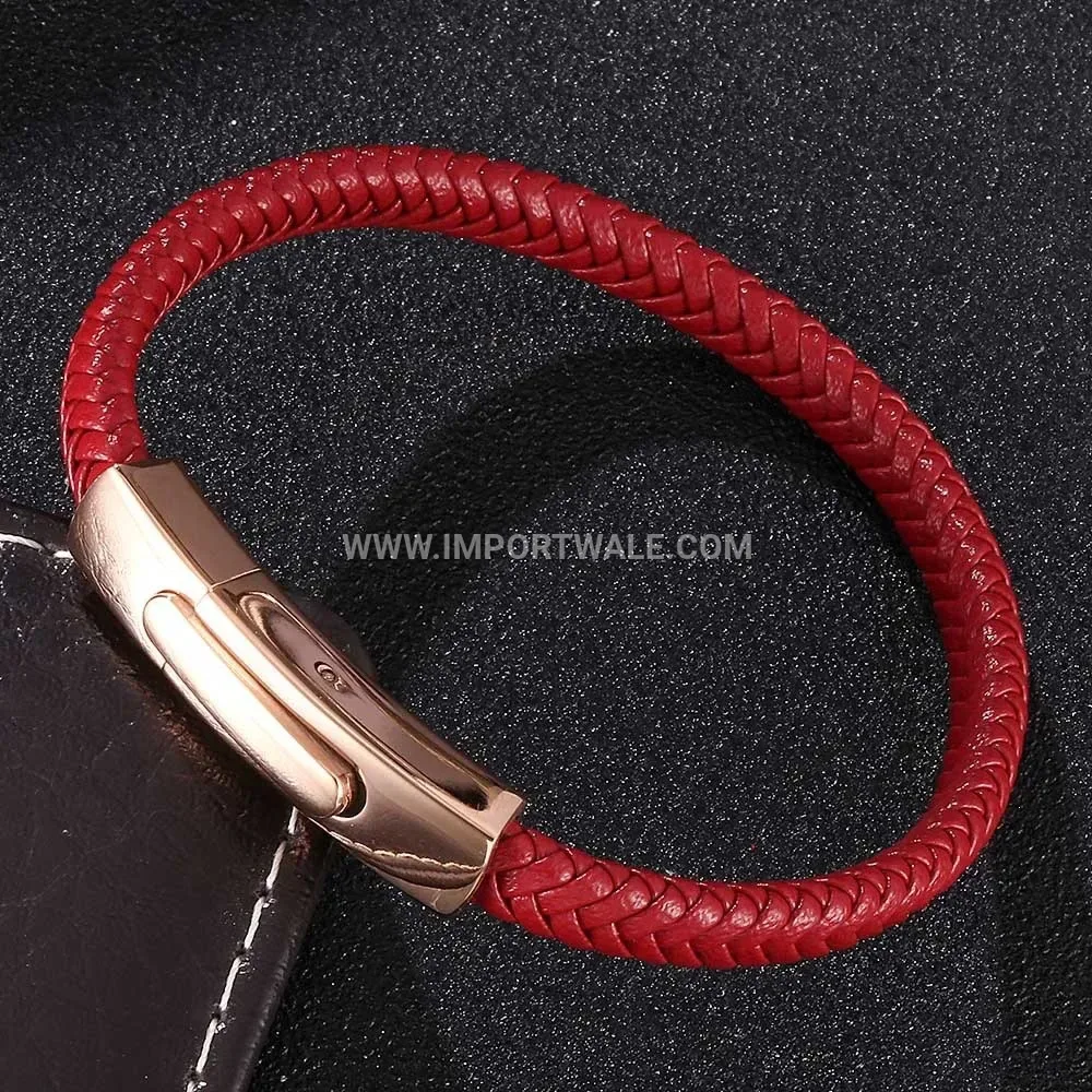 Braided Leather Bracelet with Plated Stainless Steel Snap Clasp