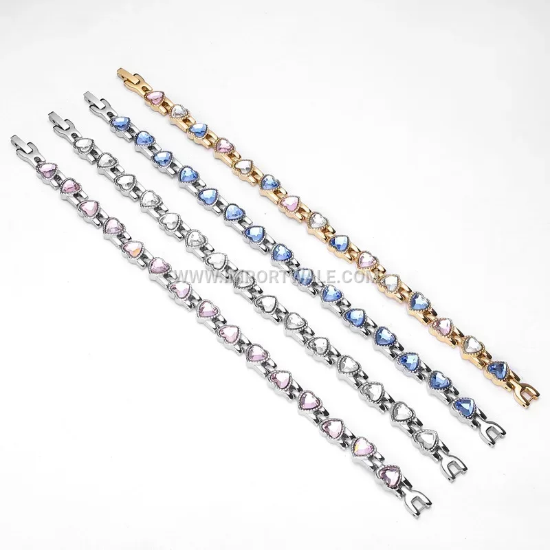 Heart-Charmed Stainless Steel Magnetic Bracelet with Crystal Accents