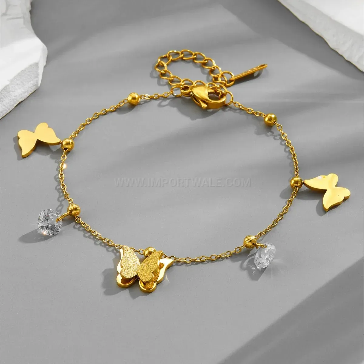 Frosted Sparkling Zircon Butterfly Gold Stainless Steel Chain Bracelet