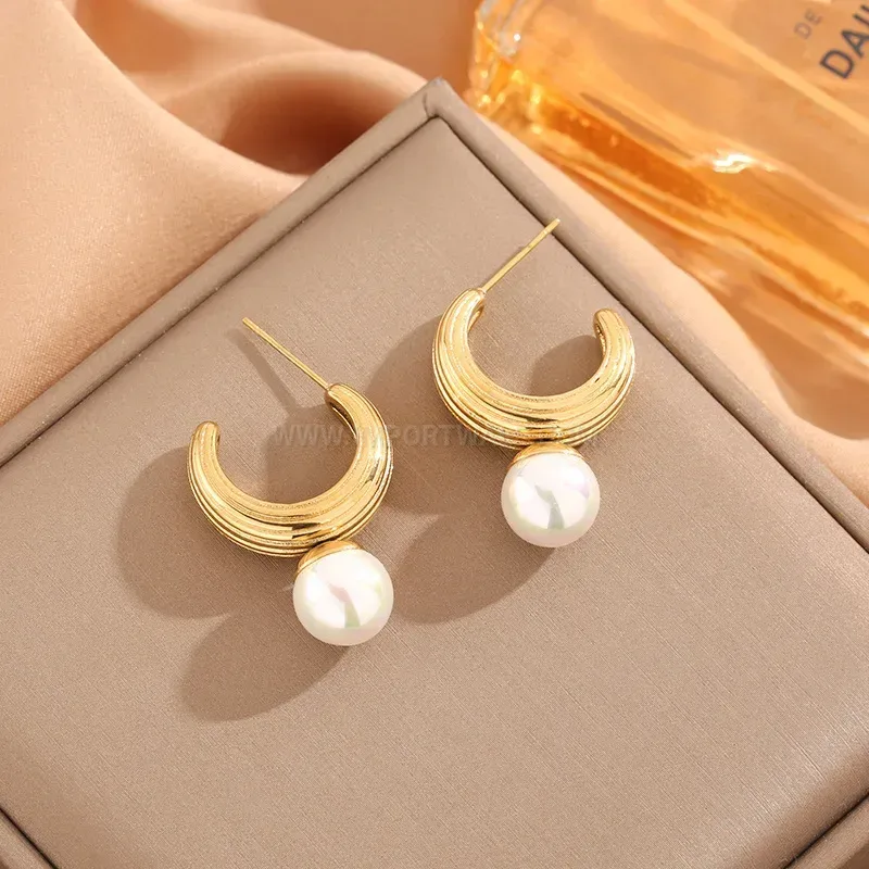 Fashion Vintage 18K Gold Plated Stainless Steel Pearl Textured Hoop Earrings