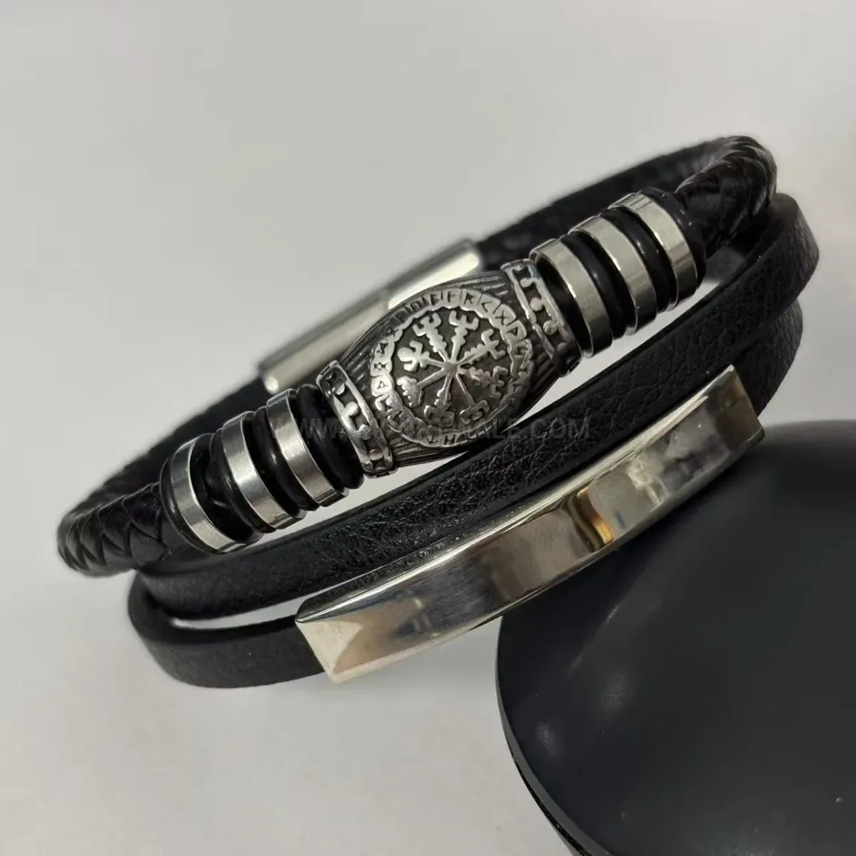 Multi-Layer Braided Black Leather Stainless Steel Viking Clasp Bracelet