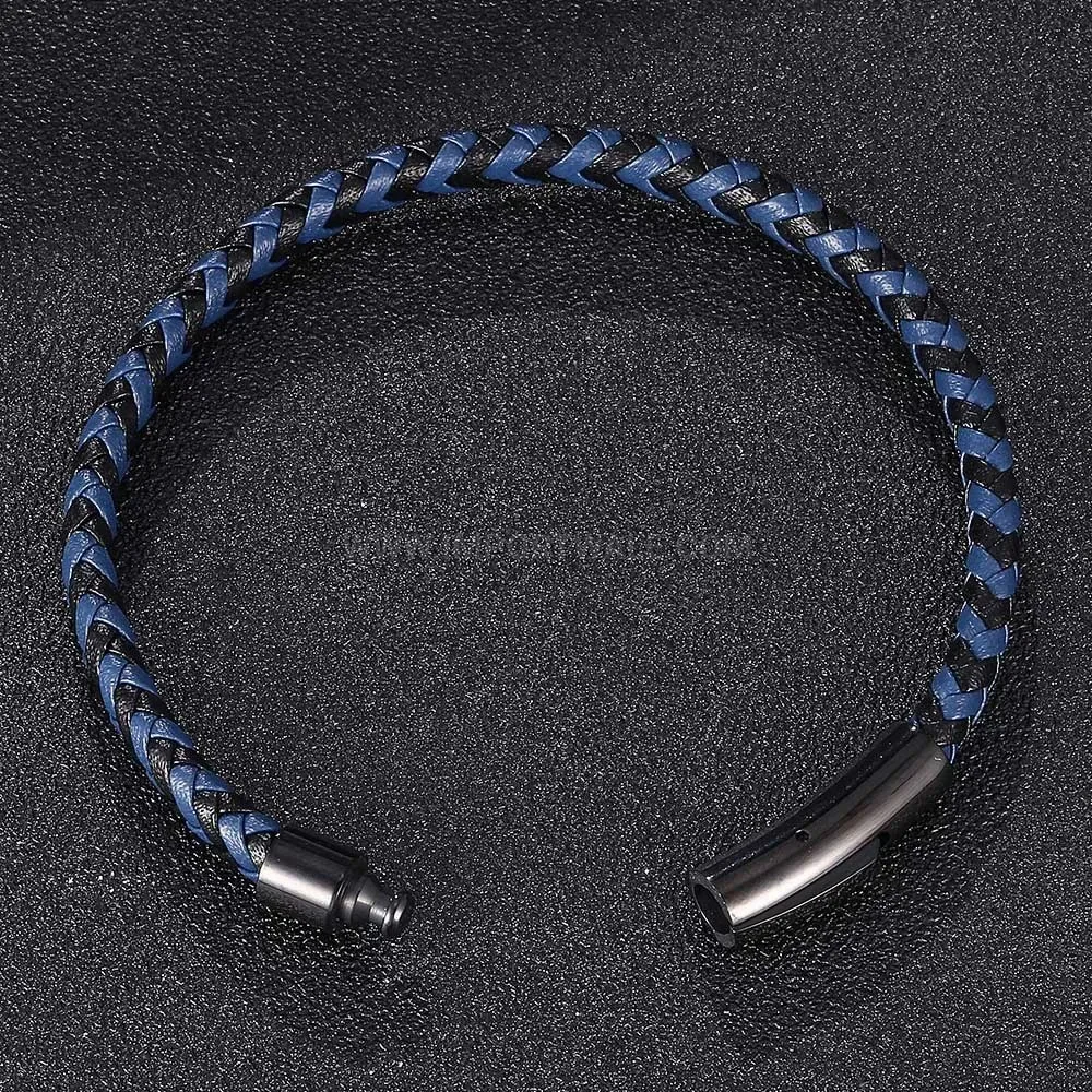 Braided Leather Cord Bracelet with Black Stainless Steel Clasp