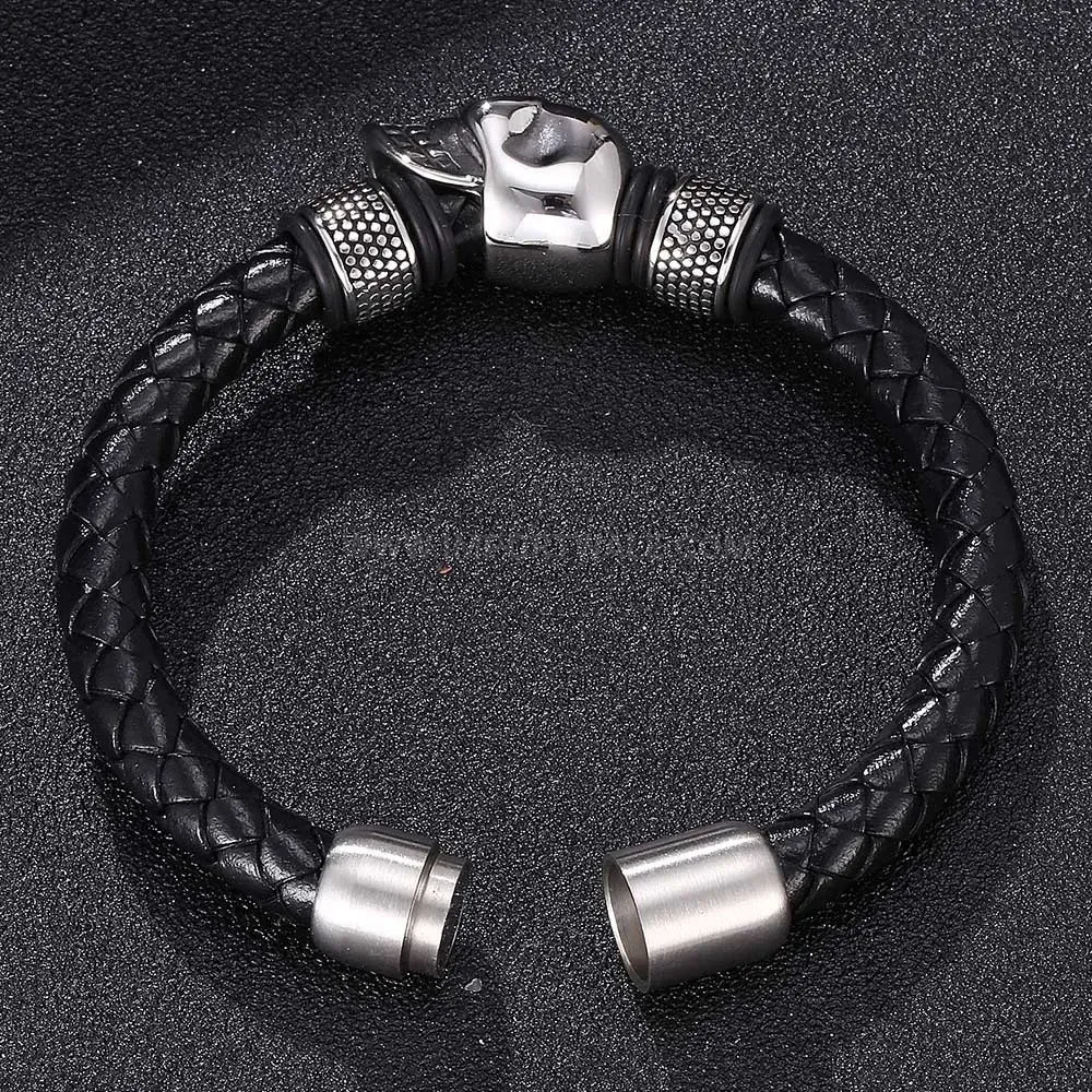 Stainless Steel Skull Leather Cord Charm Bracelet