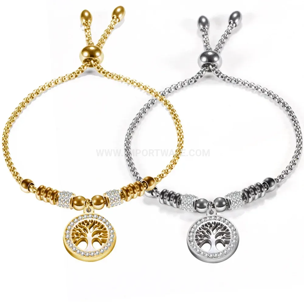 Bold Tree of Life Adjustable Bead Chain Stainless Steel Bracelet