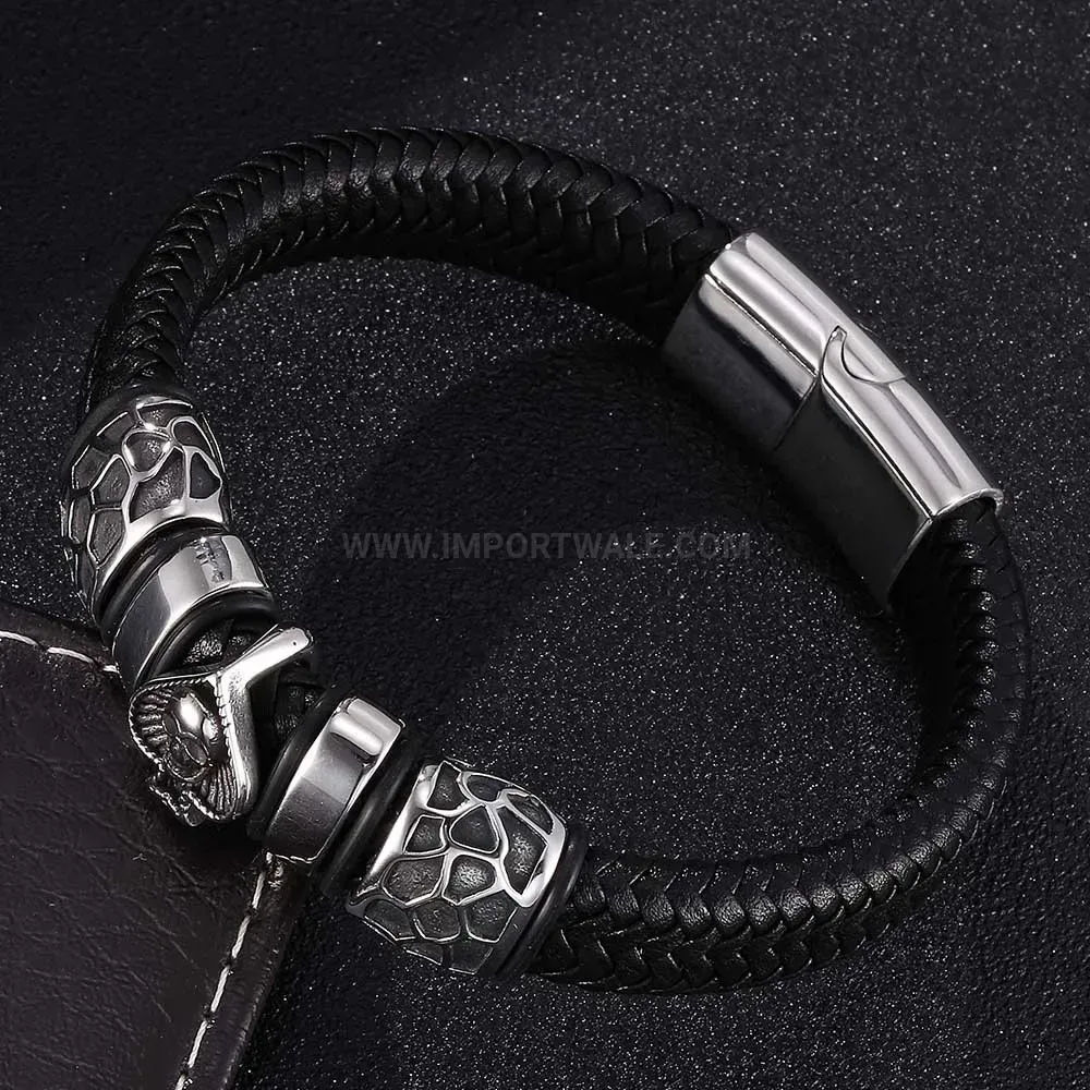 Fashion Punk Skull Ace of Hearts Stainless Steel Leather Charm Bracelet