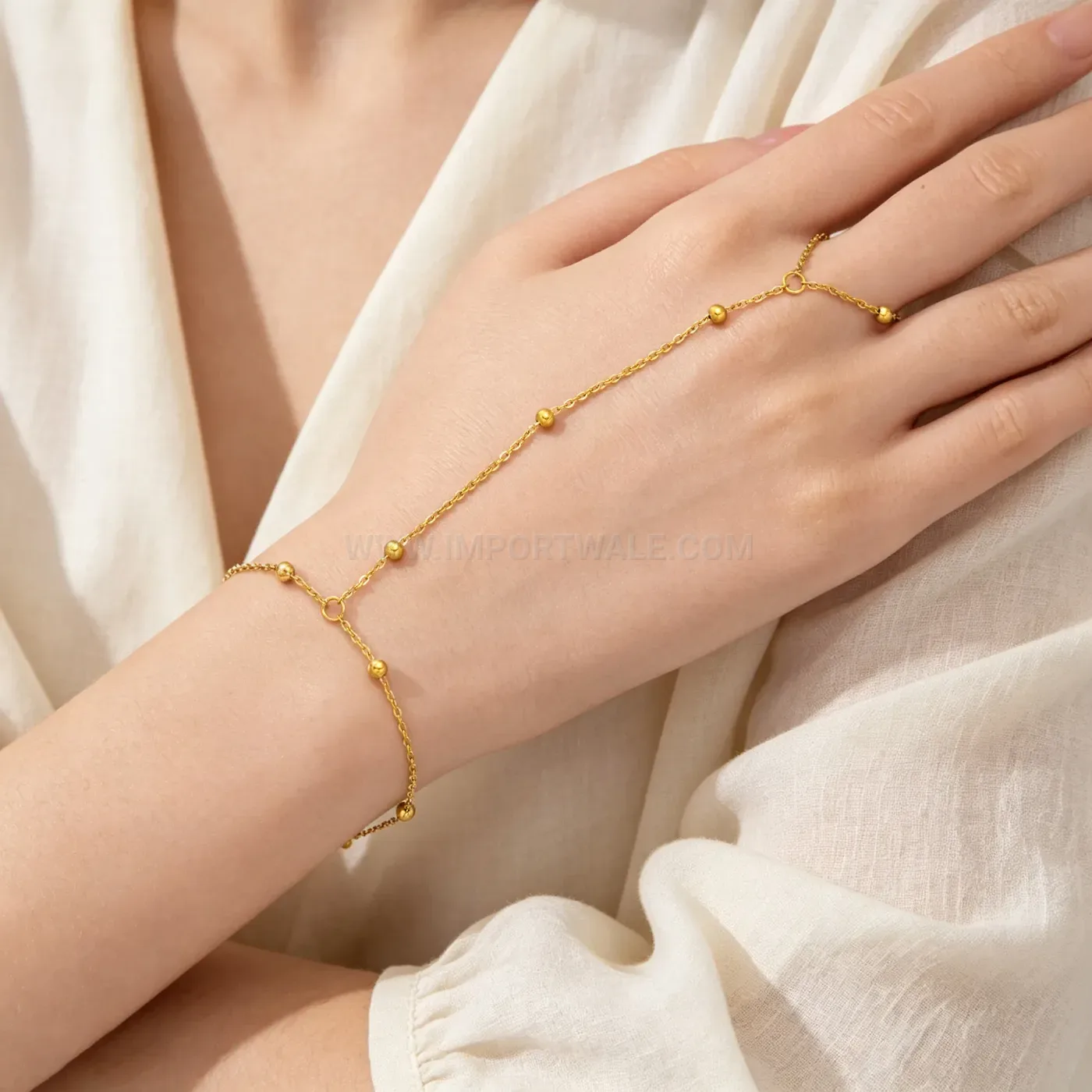 Multi Layer Bead Chain Gold Stainless Steel Hand Ring Bracelet