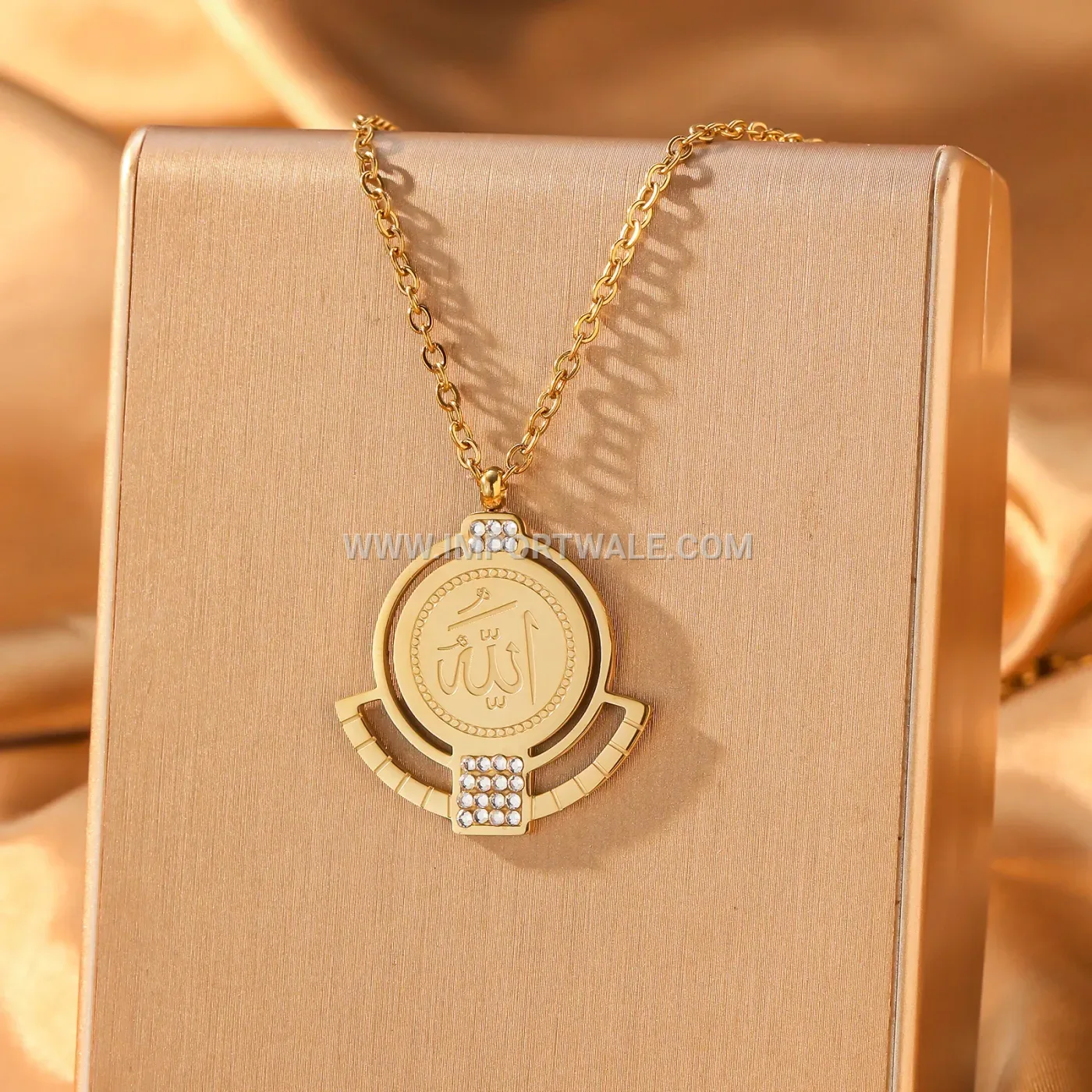 Stainless Steel Cubic Zirconia Allah Medallion Pendant Necklace