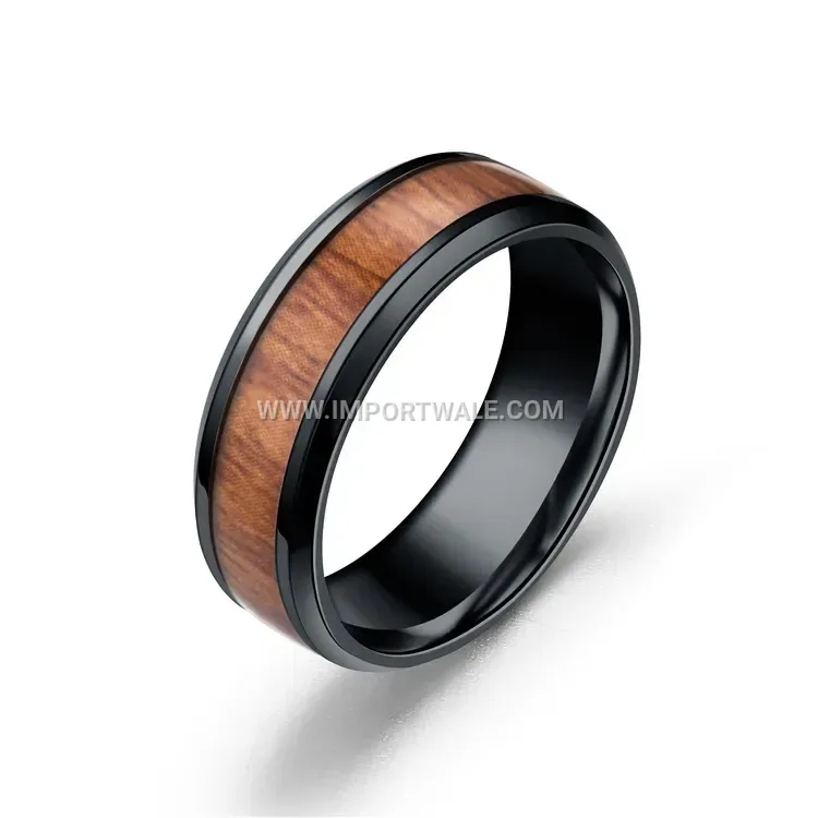 Wood Grain Inlaid Stainless Steel Band Ring