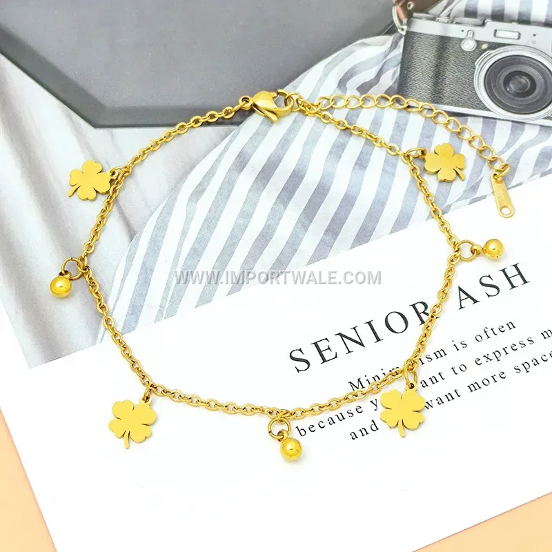 Four-Leaf Clover Gold Beaded Stainless Steel Anklet