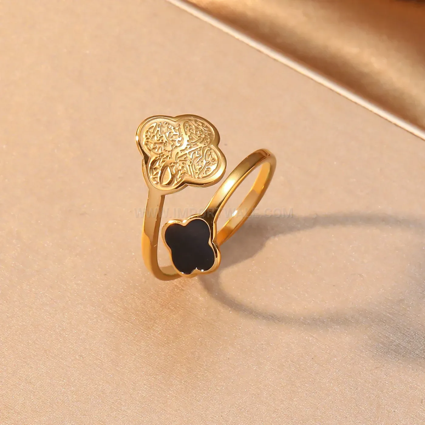 Premium Stainless Steel Filigree Clover Open Bypass Ring with Enamel