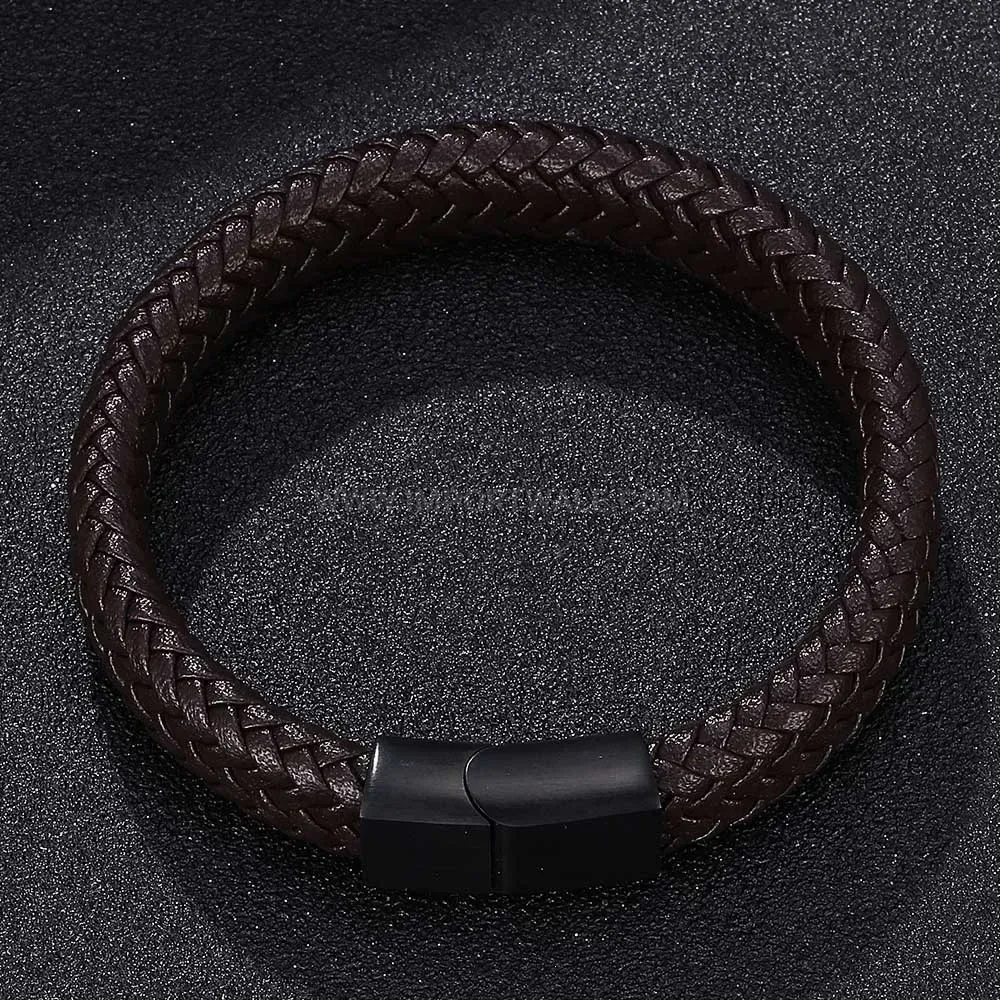Braided Leather Cuff Bracelet with Sleek Stainless Steel Accents