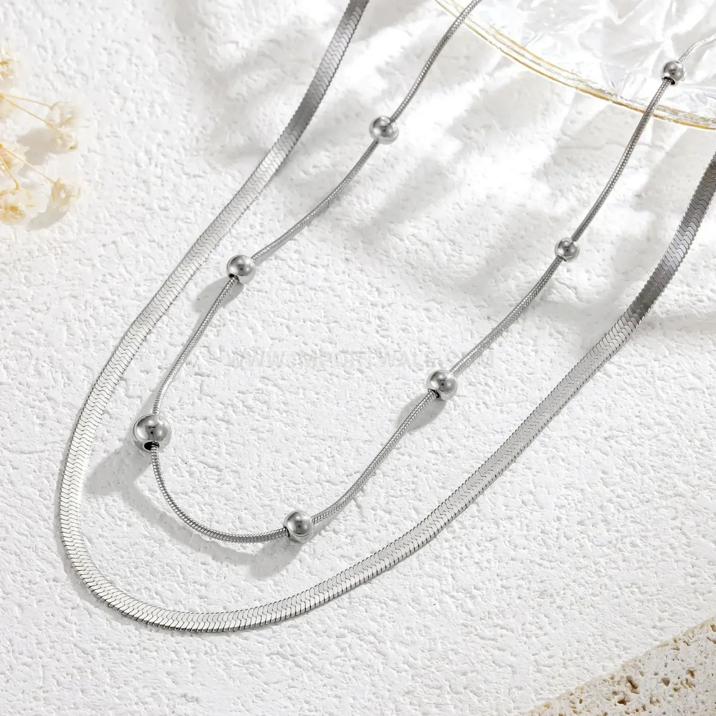 Double Layer Stainless Steel Bead Snake Chain Necklace