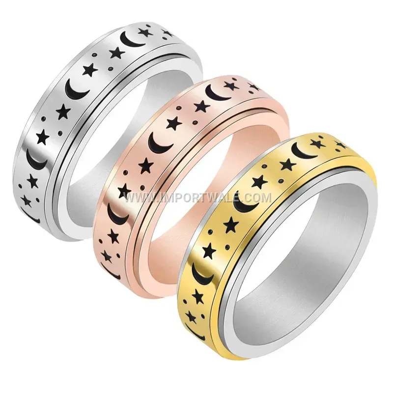 Spinning Stainless Steel Celestial Moon and Star Band Ring