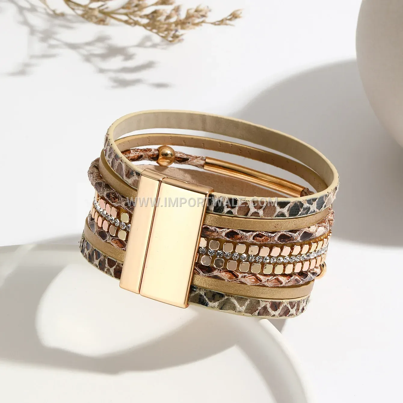 Snakeskin Pattern Woven Leather Bracelet with Magnetic Clasp