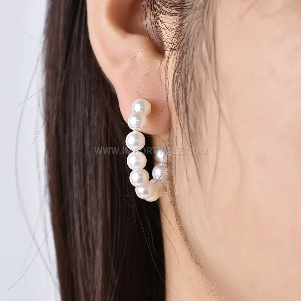 Stainless Steel Pearl Accent C Hoop Stud Earrings