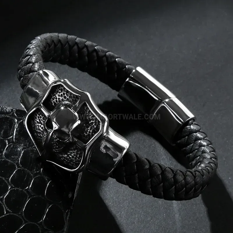 Premium Edgy Streetwear Skull Leather Stainless Steel Men Wristband