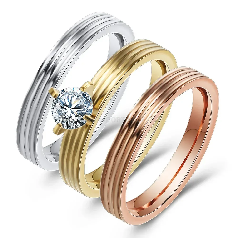 Designer Triple Layer Stainless Steel Ring Set with Zircon Accents