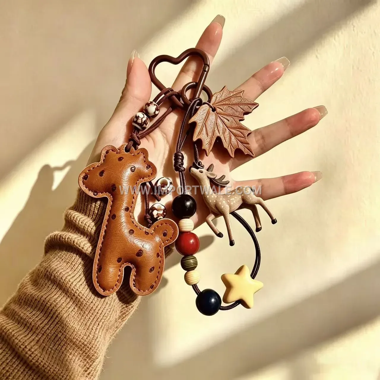 Beaded Leather Fawn Deer Plush Charm Keychain
