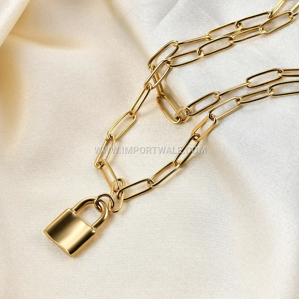 Stainless Steel Flat Cable Chain Padlock Pendant Necklace