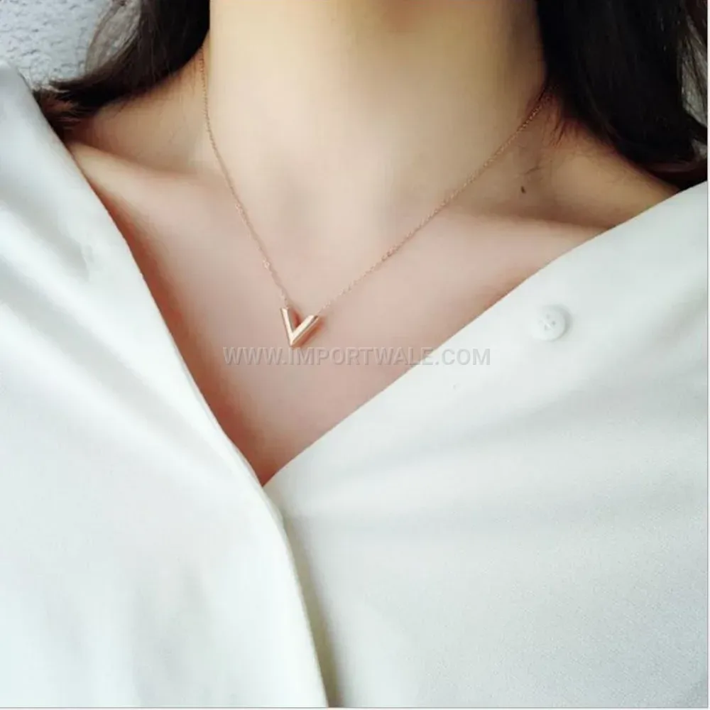 Minimalist Stainless Steel V Initial Pendant Choker Necklace