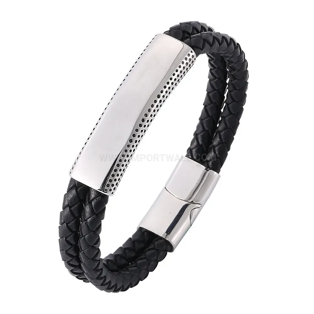 Woven Leather Wristband with Polished Stainless Steel Magnetic Clasp