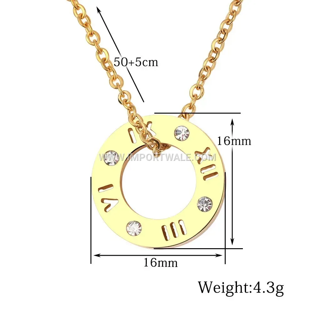 Stainless Steel Cutout Roman Numeral Rhinestone Circular Necklace
