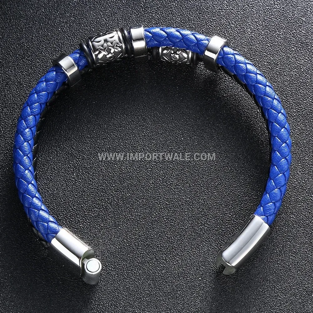Handmade Retro Leather Bangle Bracelet with Stainless Steel Accents