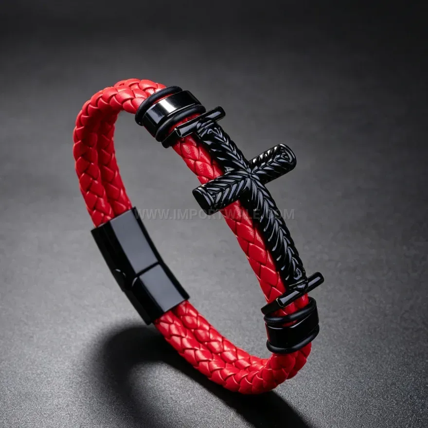 Fashion Braided PU Leather Cross Bracelet with Punk Magnetic Clasp