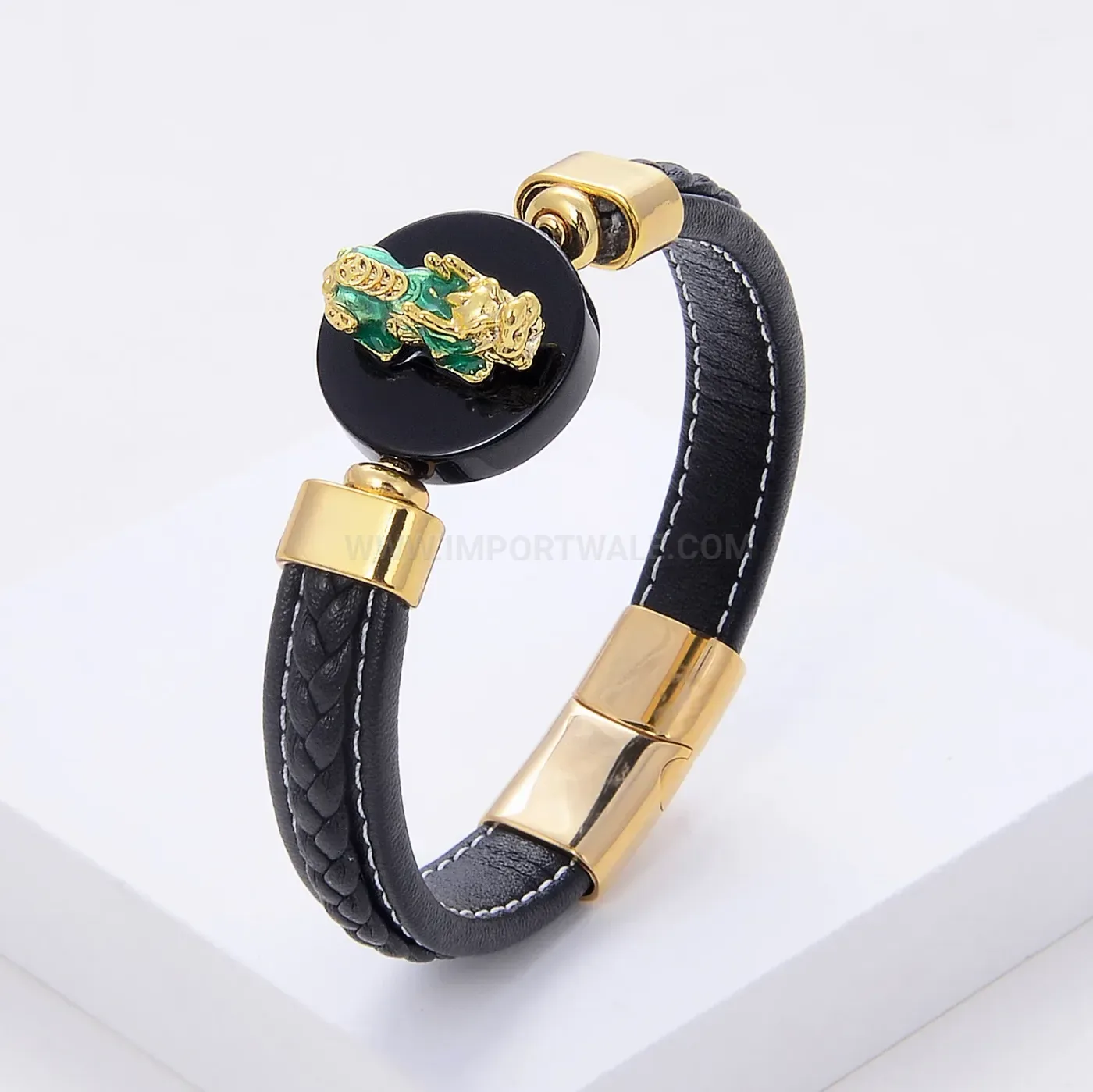 Vintage Braided Leather Pixiu Natural Stone Bracelet With Stainless Steel Clasp