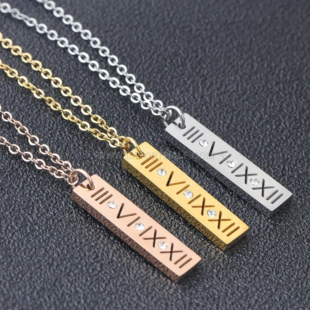 Roman Numeral Cutout Stainless Steel Rhinestone Pendant Necklace