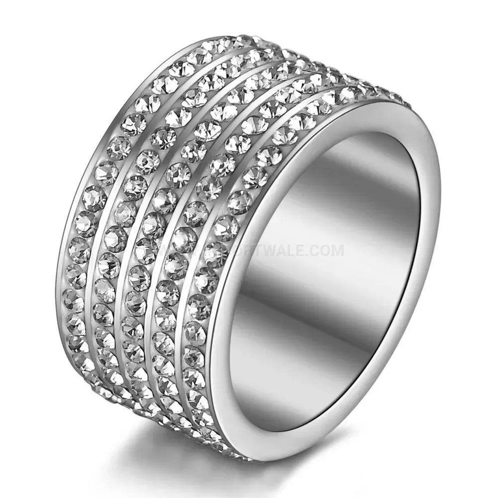 Five Row Crystal Pave Stainless Steel Band Ring