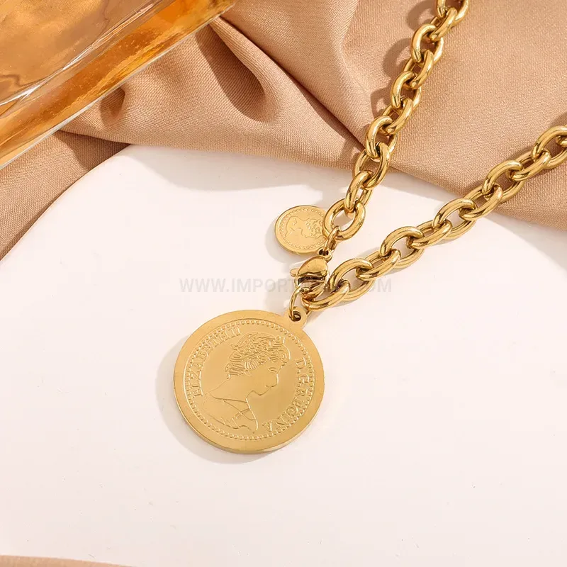 Vintage Portrait Coin Pendant Cuban Chain Titanium Steel Necklace