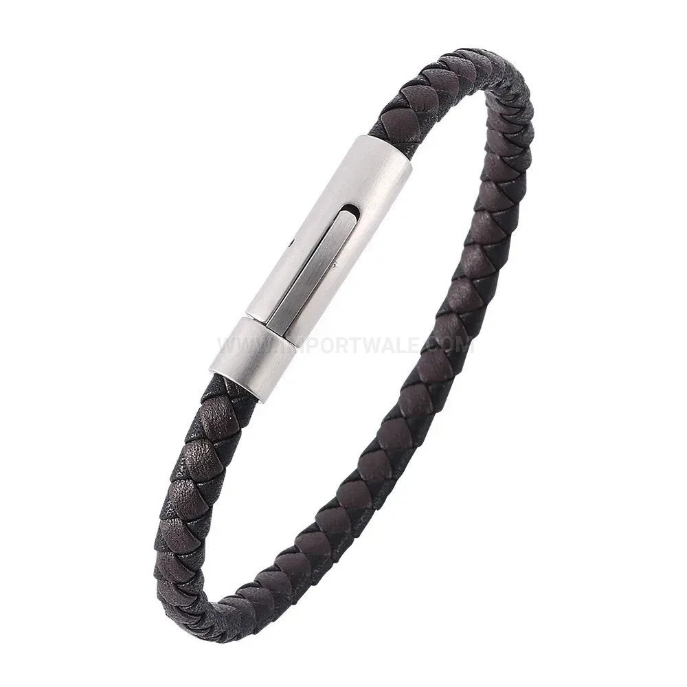 Two-Tone Braided Leather Cord Bracelet with Steel Buckle