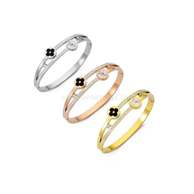 Trendy Four Leaf Clover Stainless Steel Buckle Bangle
