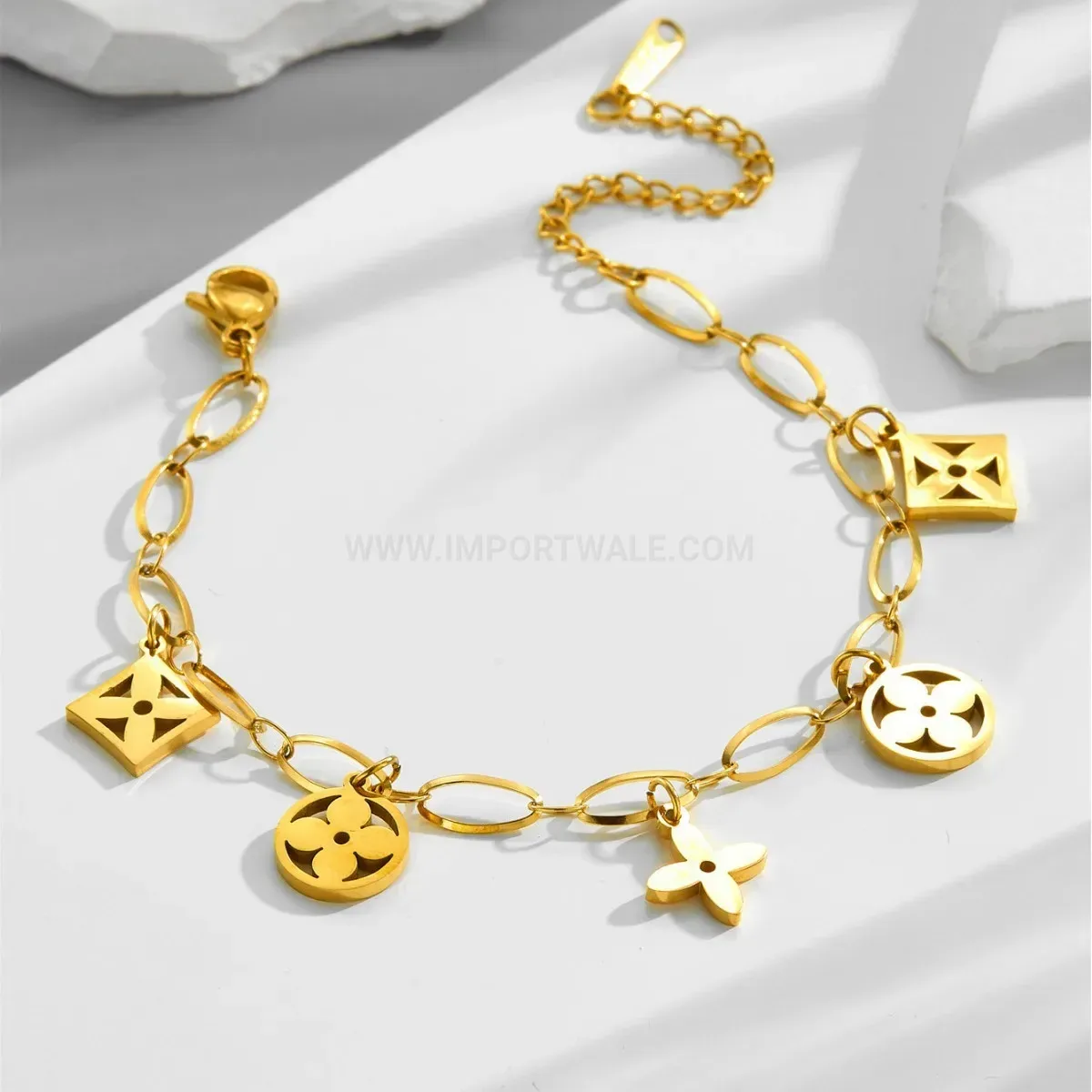 Gold Plated Stainless Steel Four Leaf Clover Tassel Charm Bracelet
