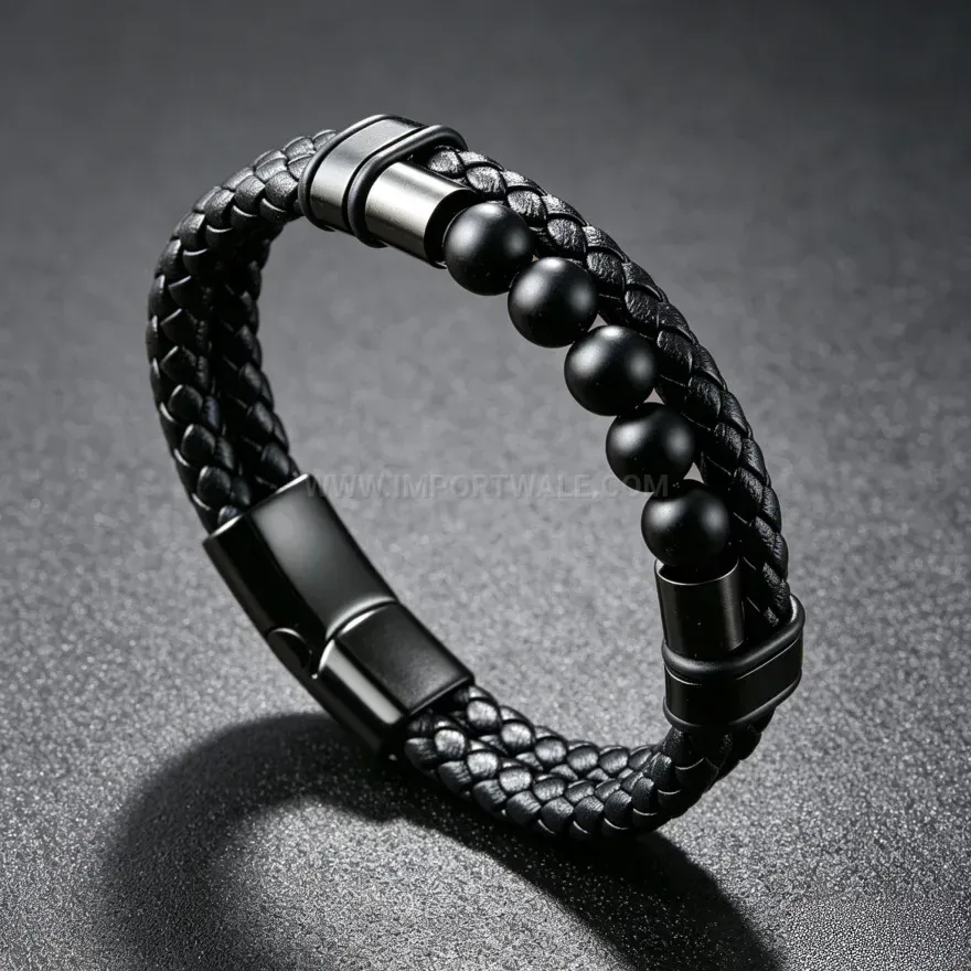 Chic Multi Layer Woven Leather Bracelet with Natural Lava Stone Beads