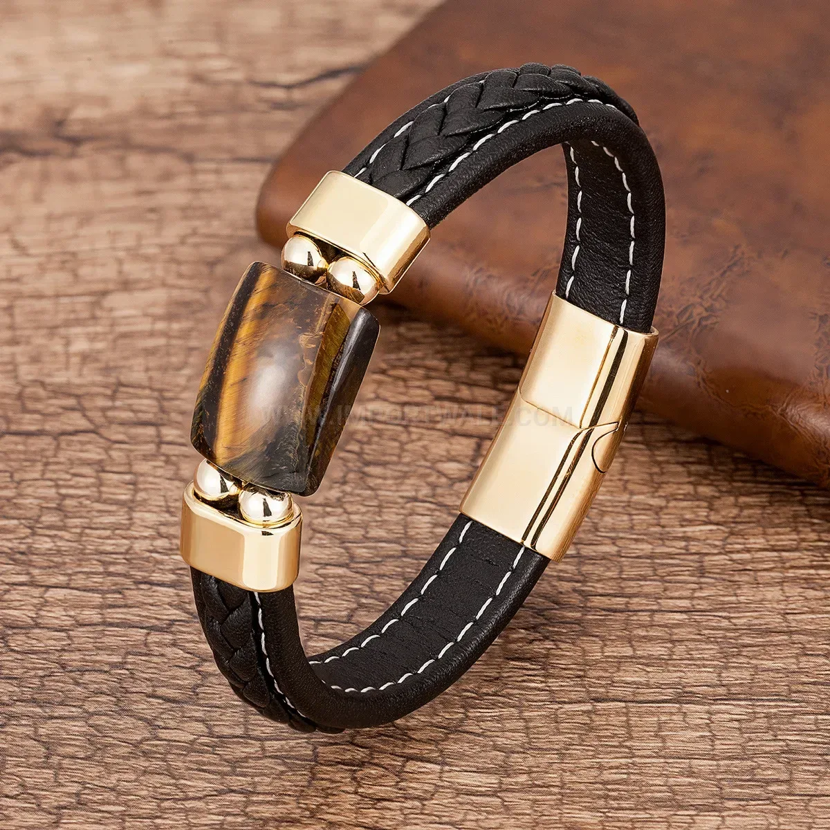 Geometric Stone Leather Woven Bracelet with Magnetic Clasp
