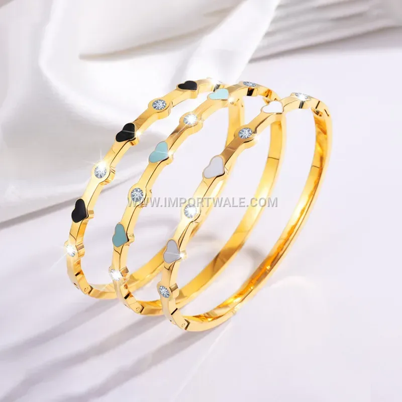 Enameled Heart Zircon 18K Gold Plated Stainless Steel Bracelet