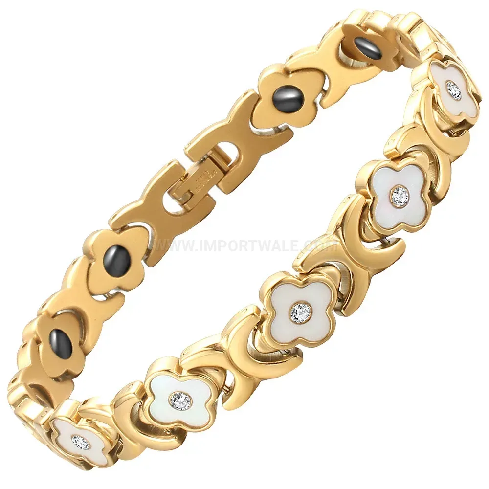 Titanium Steel Four-Leaf Clover Shell Inlaid Bio Magnetic Bracelet