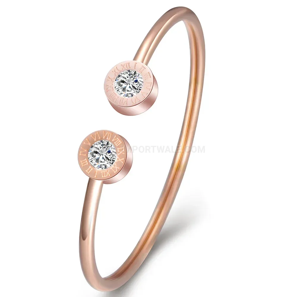 Designer Roman Numeral Stainless Steel Crystal Open Bangle