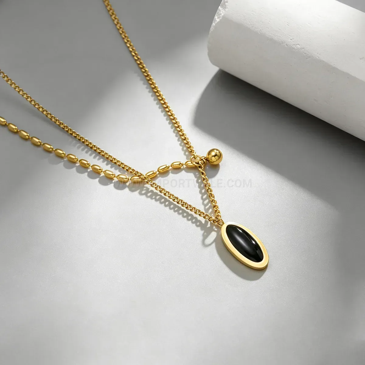 Fashion Double Layer Gold Stainless Steel Black Oval Pendant Necklace