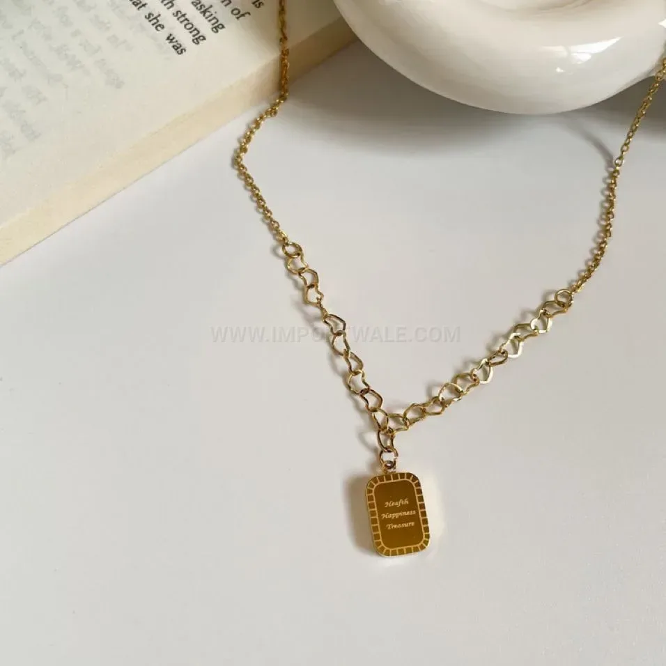 Modern Gold Plated Titanium Steel Heart Square Letter Tag Pendant Necklace