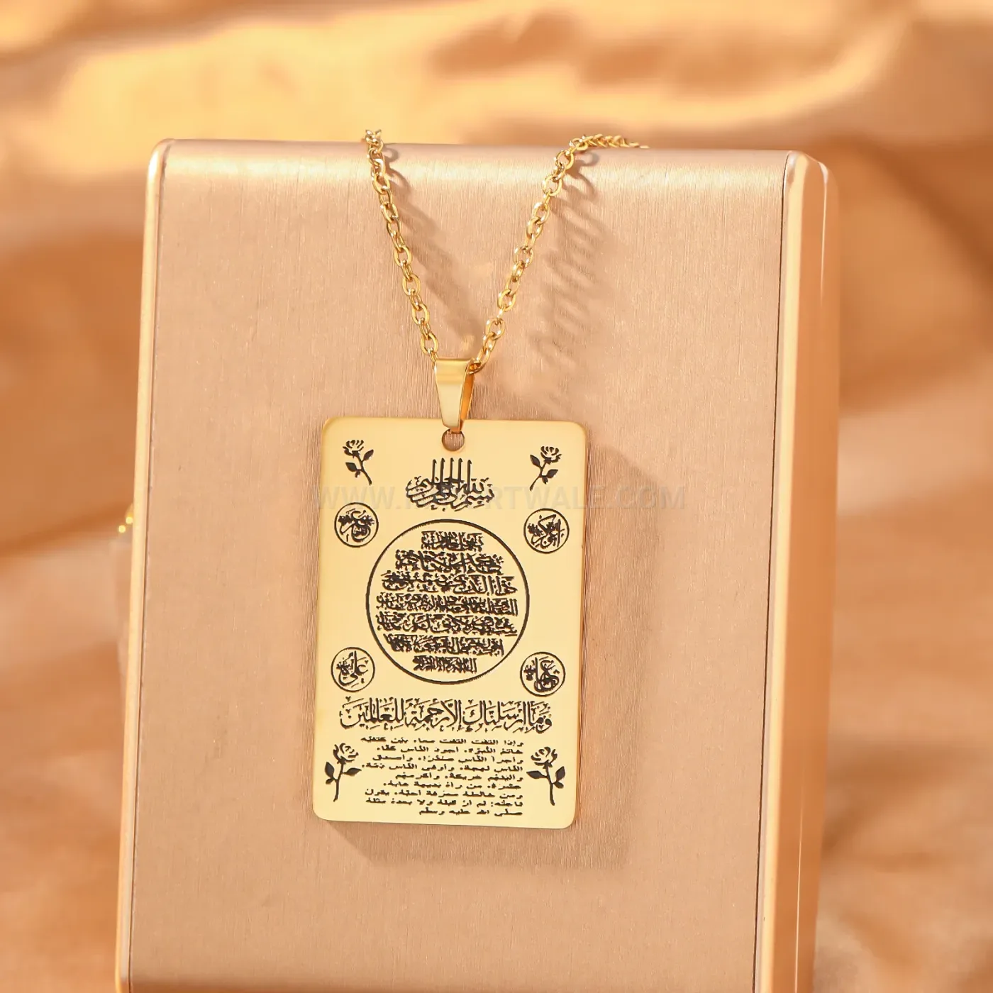 Stainless Steel Islamic Arabic Calligraphy Rose Plate Pendant Necklace
