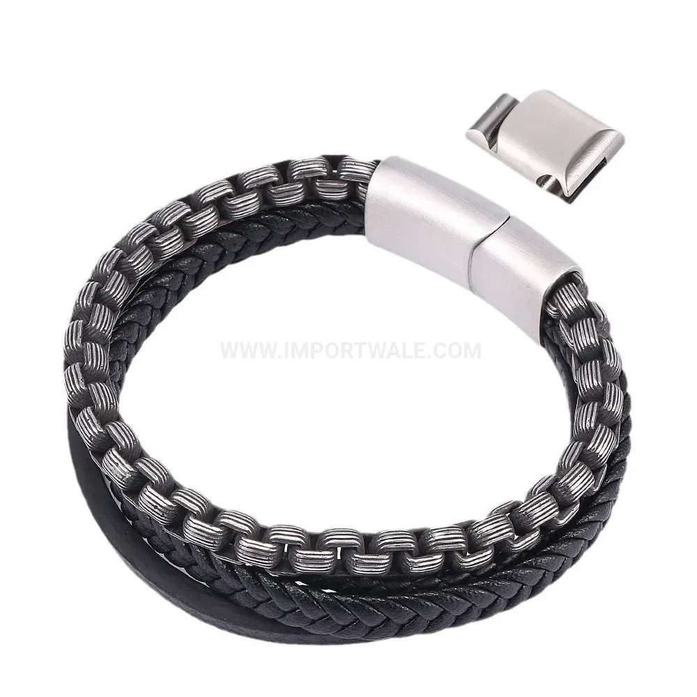 Braided Leather Layered Wristband with Plated Stainless Steel Clasp