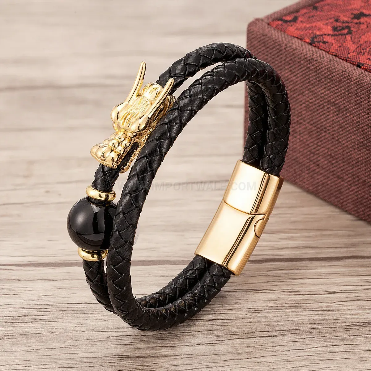 Dragon Head Double Strand Leather Stone Bracelet with Stainless Clasp
