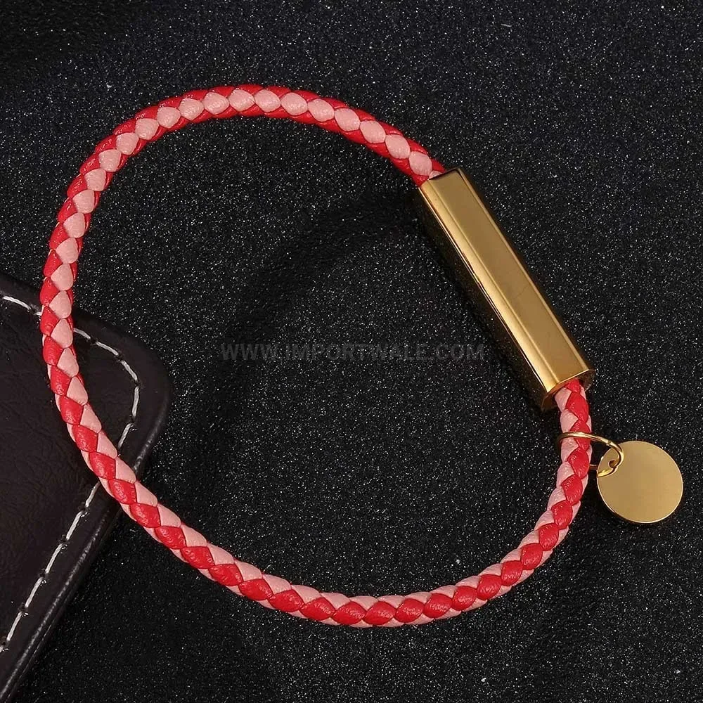 Gold-Plated Magnetic Clasp Braided Leather Tag Bracelet
