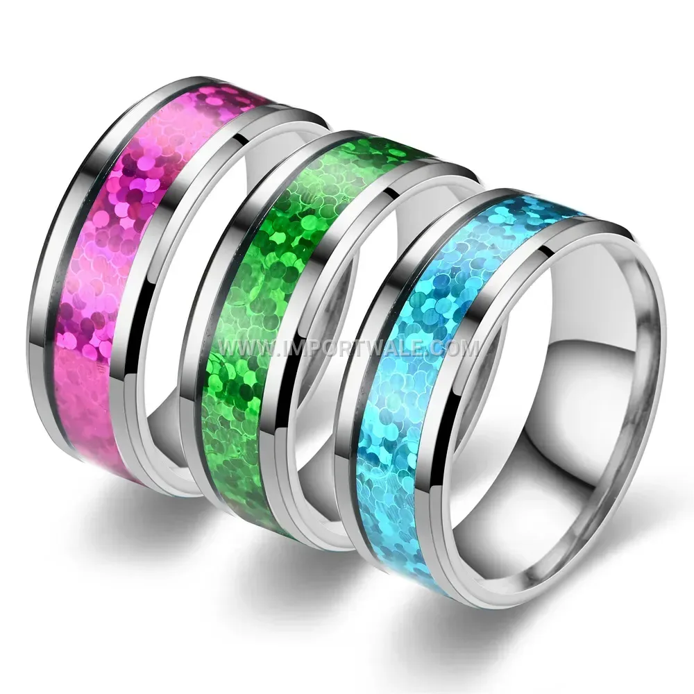 Faux Opal Enamel Inlay Stainless Steel Band Ring