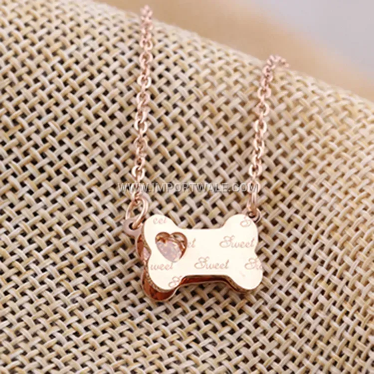 Rhinestone Dog Bone Pendant Stainless Steel Rose Gold Necklace